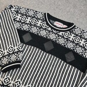 Vintage Campus Sweater Mens L Black White Knit Leather‎ Geometric Snowflake 90s